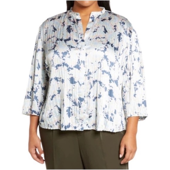 Vince Lotus Pleated Blouse Button Down Tide Pool Blue Size 1X NWT - Picture 3 of 7